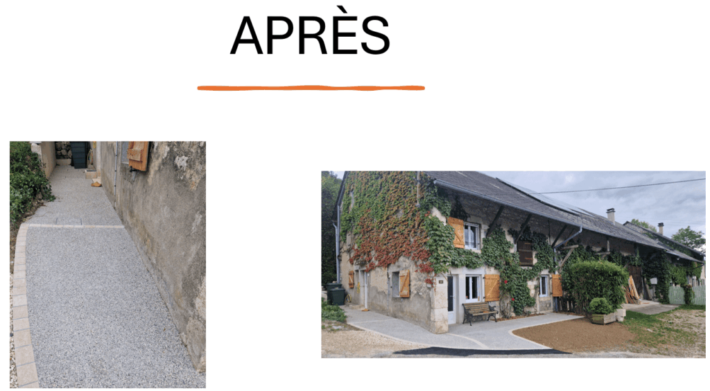 aménagement paysager de la circulation autour de la maison et d'une petite terrasse en béton désactivé pour un rendu plus propre et esthétique