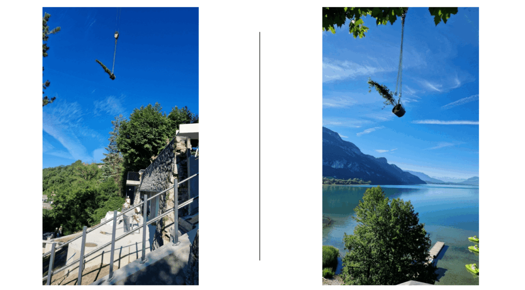 hélitreuillage de végétaux pour un aménagement extérieur au bord du lac du Bourget